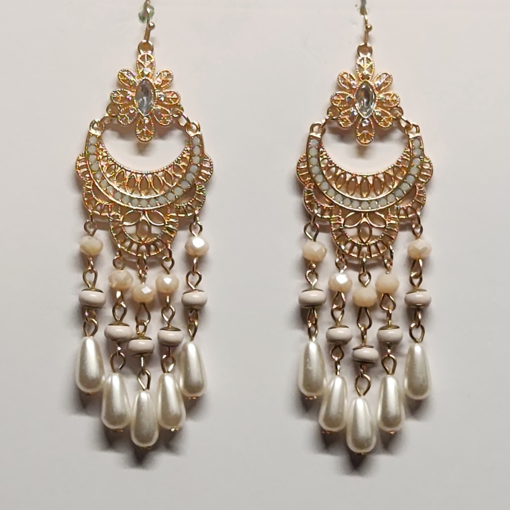 ✨ Boho Gold Filigree & Pearl Chandelier Earrings